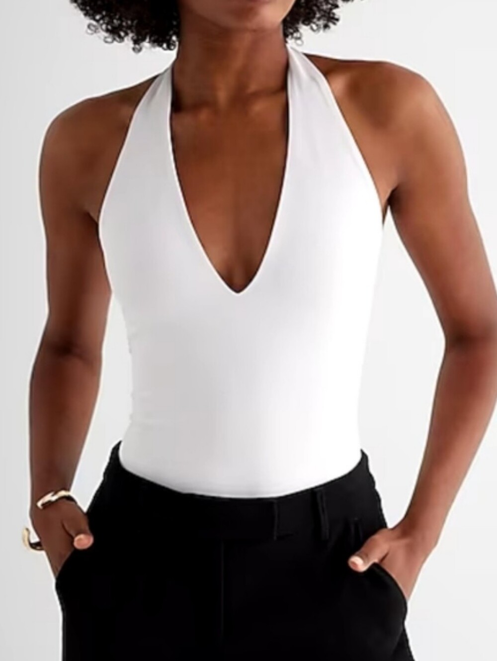 NWT Express White Body Contour High Compression Deep V-NeckHalter Bodysuit XL
